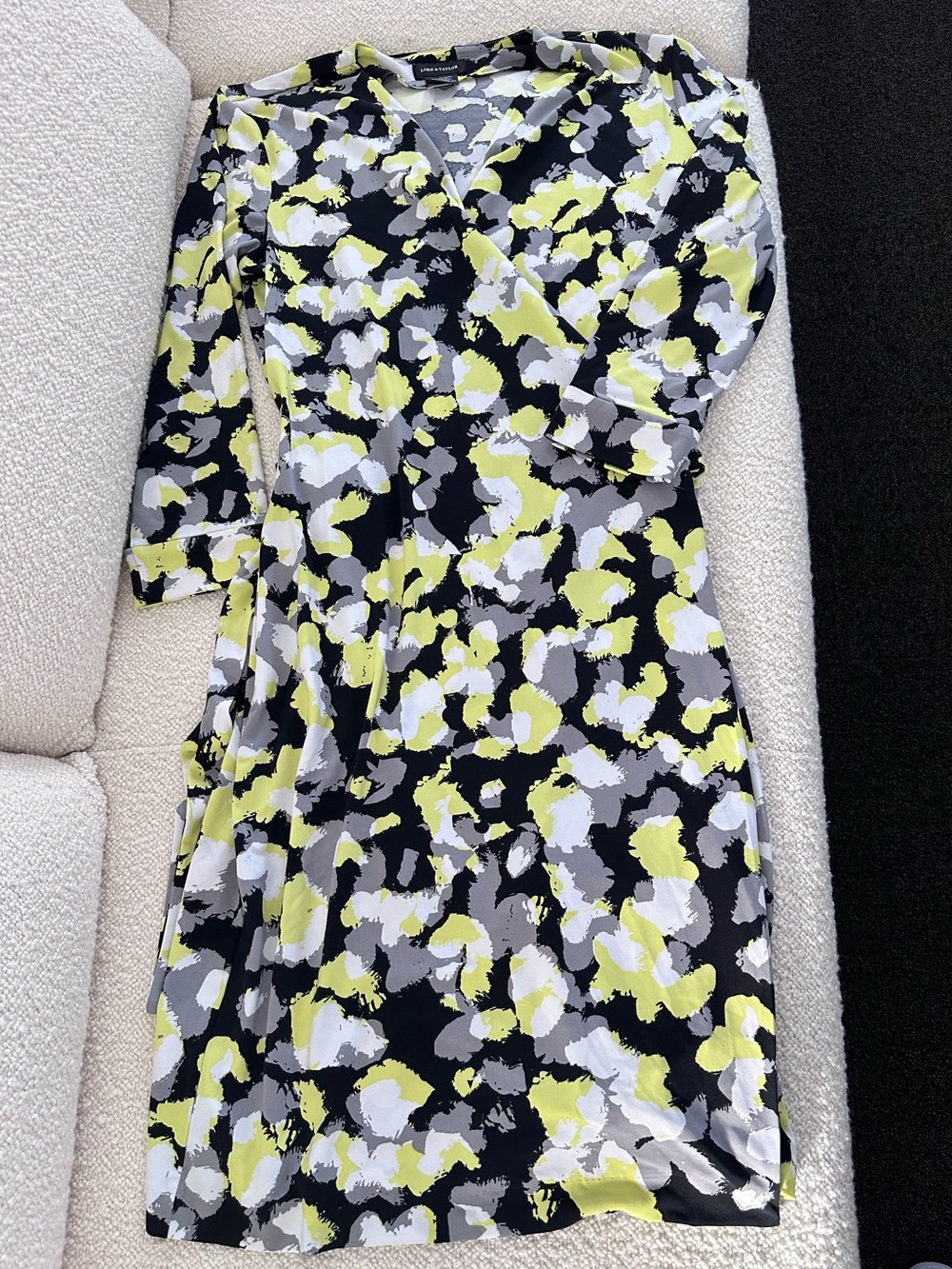 V-Neck Wrap Dress in Chartreuse, Black & Gray